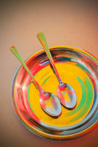 High angle view of multi colored pencils on table