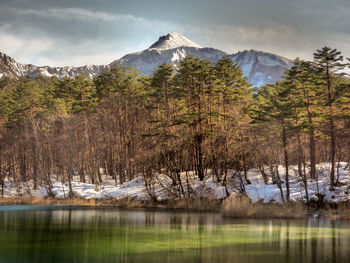 Scenic view of lake by snowcapped mountains against sky