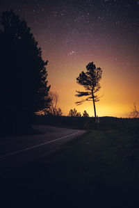 Silhouette trees by road against sky at dusk