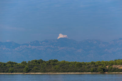 Scenic view of lake by mountains against sky