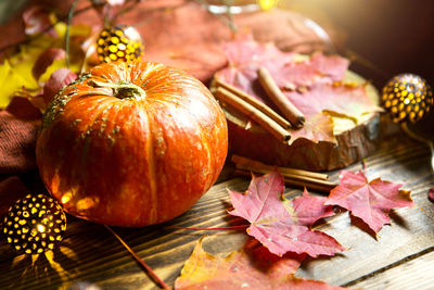 Close-up of pumpkin on table during autumn