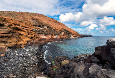 Scenic view of sea and mountains against sky