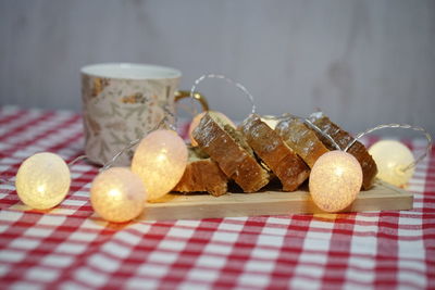 Close-up of christmas decorations on table