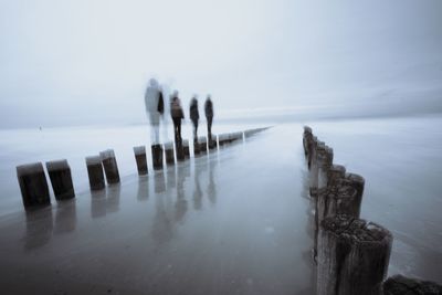 People on wooden posts in sea against sky