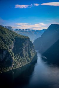 Scenic view of river amidst mountains against blue sky