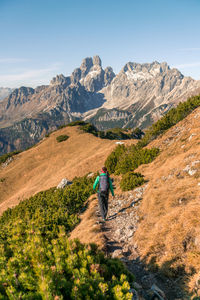 Rear view of man on mountain against sky