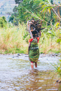 Rear view of woman standing in lake