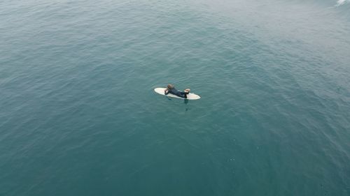 High angle view of surfer floating on water