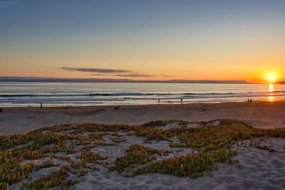 Scenic view of beach against sky during sunset