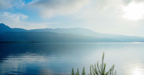 Scenic view of lake and mountains against sky