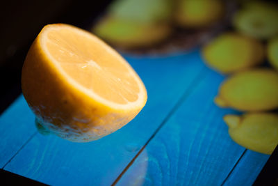 Close-up of lemon on digital tablet