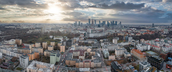 Panoramic aerial view of the modern skyscrapers and business center in warsaw.