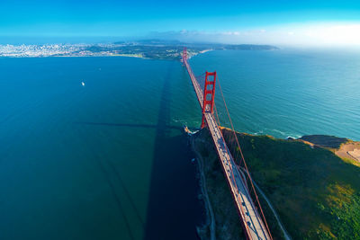 Aerial view of golden gate bridge against sky