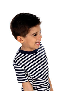 Happy boy looking away against white background