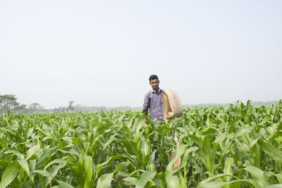 Farmer holding water pipe at corn field