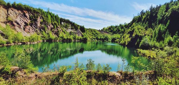 Scenic view of lake by trees against sky