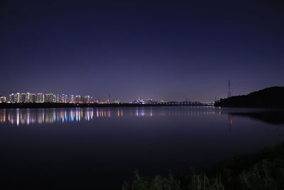 Scenic view of lake against clear sky at night