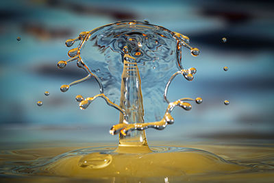 Close-up of drop falling on water