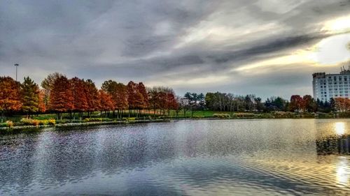 Scenic view of lake against sky during autumn