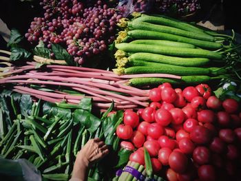 High angle view of vegetables for sale at market stall