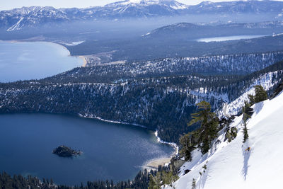 High angle view of snowcapped mountains and trees