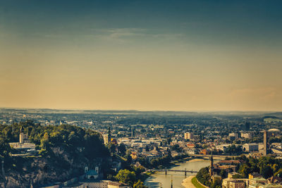 Salzburg view from the castle tower on hot summer day