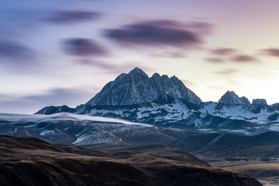 Scenic view of snowcapped mountains against sky during sunset