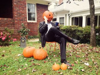 View of pumpkins in garden during autumn