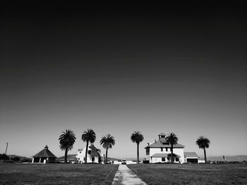 Palm trees on beach against clear sky