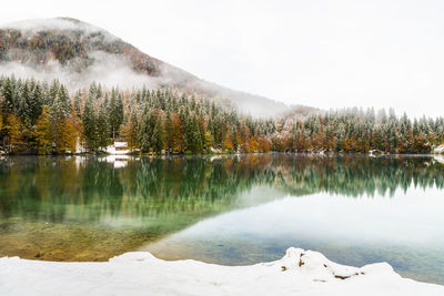 Scenic view of lake against sky during winter