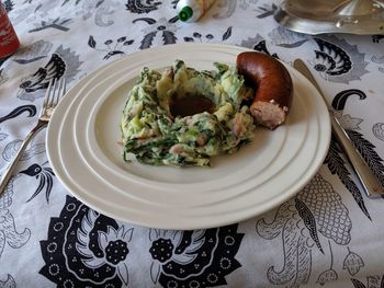 High angle view of breakfast served on table