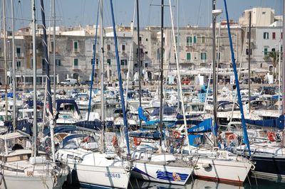 High angle view of fishing boats moored at harbor