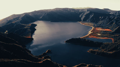 Drone shot of beautiful mountains with ocean - mountain and ocean. nature landscape