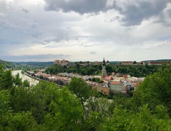 Panoramic view of buildings in city against sky