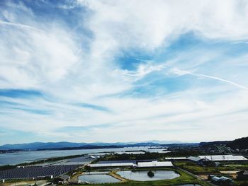 Panoramic view of buildings and houses against sky