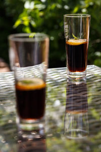 Close-up of drinks in glasses on table