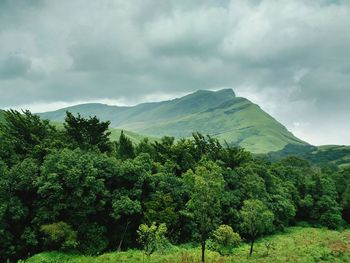 Scenic view of green mountain against cloudy sky