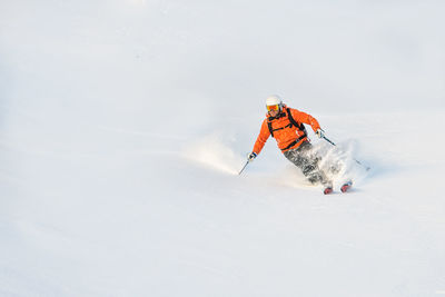 After seal skin ascent a skier has fun in powder snow