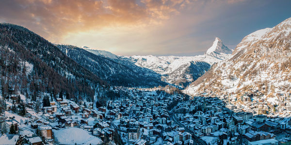 Aerial view on zermatt valley and matterhorn peak