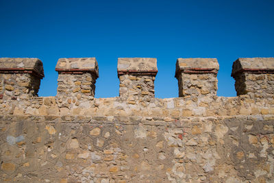 Low angle view of old ruins against clear blue sky