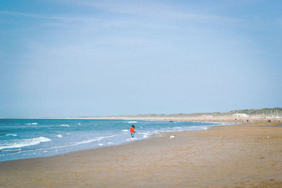 Rear view of woman with dog on beach against clear sky