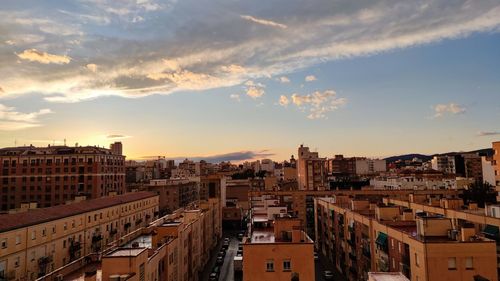 High angle view of cityscape against sky during sunset