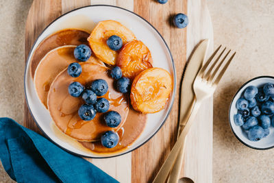 High angle view of breakfast served on table