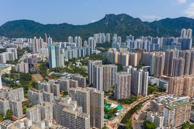 High angle view of modern buildings in city