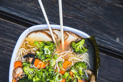 High angle view of food in bowl on table