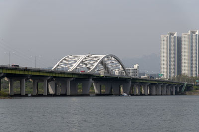 Bridge over river by buildings against clear sky