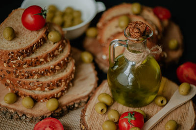 Close-up of fruits in jar on table