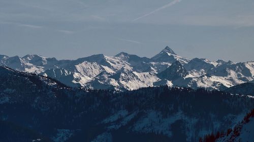 Aerial view of snowcapped mountains against sky