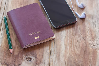 High angle view of mobile phone on table