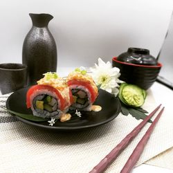 Close-up of sushi served in plate on table